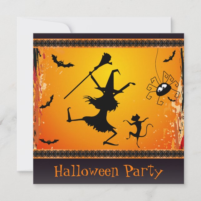 Invitation Amusant Dancing Witch and Cat Halloween Party (Devant)