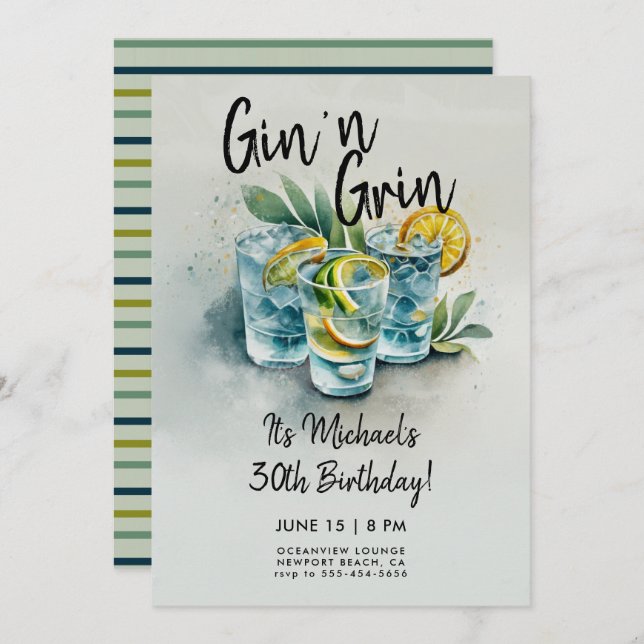 Invitation Amusant Gin n Grin Boissons Party Hommes 30e anniv (Devant / Derrière)