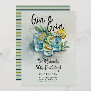 Invitation Amusant Gin n Grin Boissons Party Hommes 30e anniv