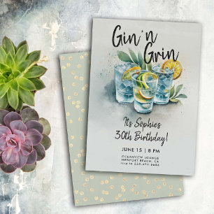 Invitation Amusant Gin n Grin Drinks Party Moderne 30e annive