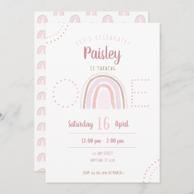 Invitation Amusant moderne Boho rose arc-en-ciel premier anni (Devant / Derrière)