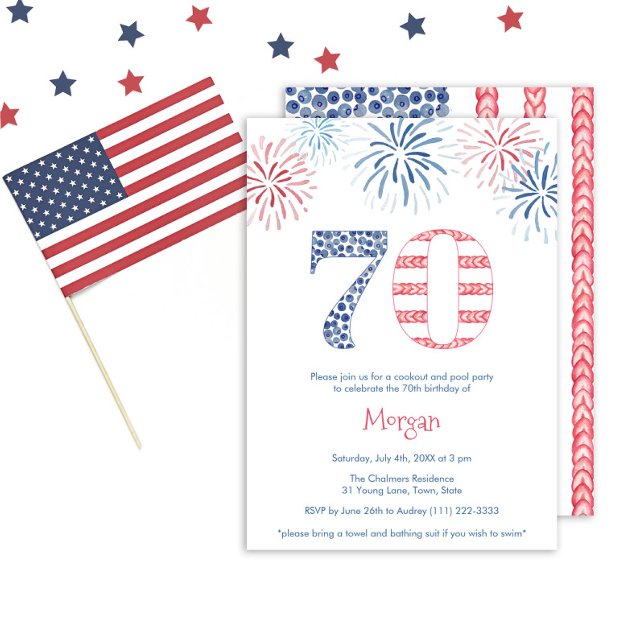 Invitation Amusant Rouge Blanc Bleu Jeune 70e fête d'annivers (A patriotic 70th birthday party invitation with a fun vibe promising a great time for all the family)