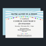 Invitation Amusant Star Sun Rays Enfants N'importe quel âge A<br><div class="desc">Motif de rayon de soleil bleu avec garniture étoilée multicolore et séparateur de texte. Ajoutez le nom de la fille ou du garçon d'anniversaire et leur âge. Espace suffisant pour ajouter une 4ème ligne à l'emplacement de l'événement si nécessaire. Simple,  mais captivant. Voir plus sur Zigglets ici à Zazzle.</div>