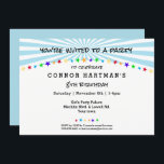 Invitation Amusant Star Sun Rays Kids N'importe quel âge Invi<br><div class="desc">motif de rayons solaires bleus avec un ajustement étoilé multicolore et un séparateur de texte. Ajoutez le nom de la fille ou du garçon d'anniversaire et leur âge. Espace suffisant pour ajouter une 4ème ligne à l'emplacement de l'événement si nécessaire. Simple, mais captivant. Voir plus sur Zigglets ici à Zazzle....</div>