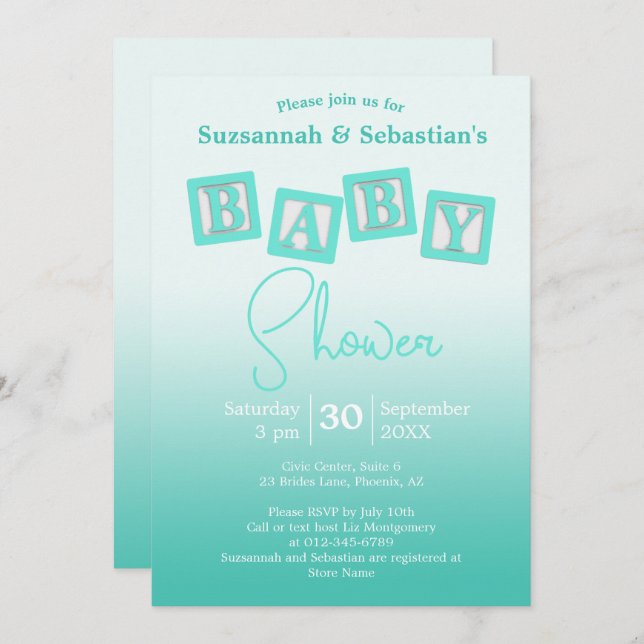 Invitation Amusant Turquoise Ombre BABY Blocks douche Invitat (Devant / Derrière)