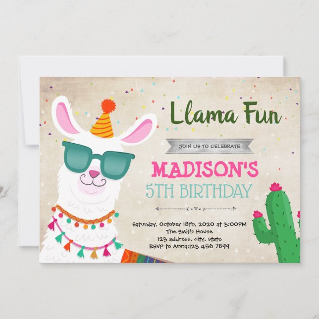 Invitation amusante à une fête avec un lama cool (Devant)