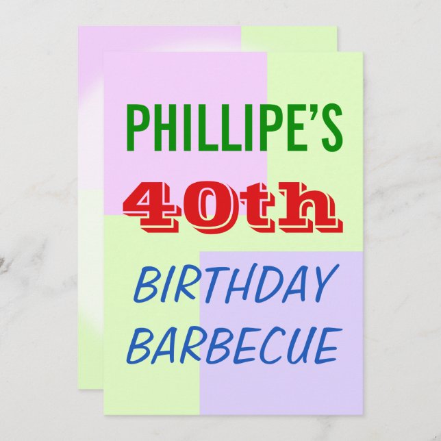 Invitation amusante, colorée "40ème anniversaire B (Devant / Derrière)