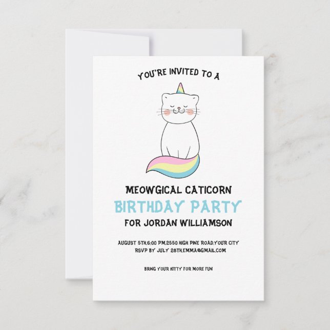 Invitation Amusante Cute Cat Unicorn Anniversaire Fête Invita (Devant)