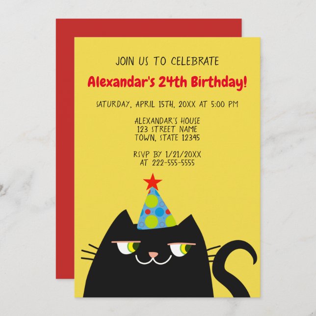 Invitation Amusante fête d'anniversaire de chat noir (Devant / Derrière)