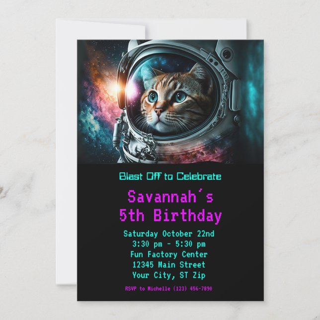 Invitation Amusante Galaxie Space Cat Astronaut fête d'annive (Devant)