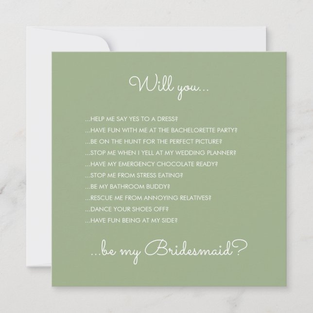 Invitation Amusante Moderne Sage Green Script Bridesmaid Prop (Devant)