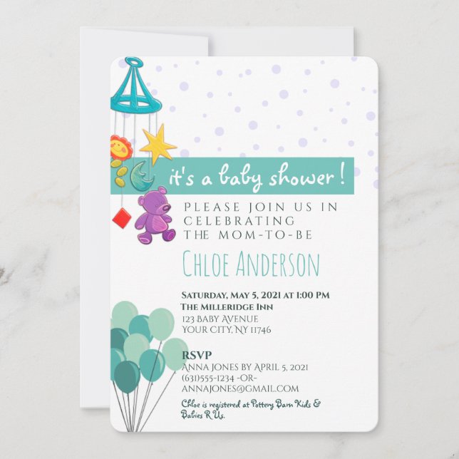 Invitation amusante sarcelle et violet pour une ba (Devant)