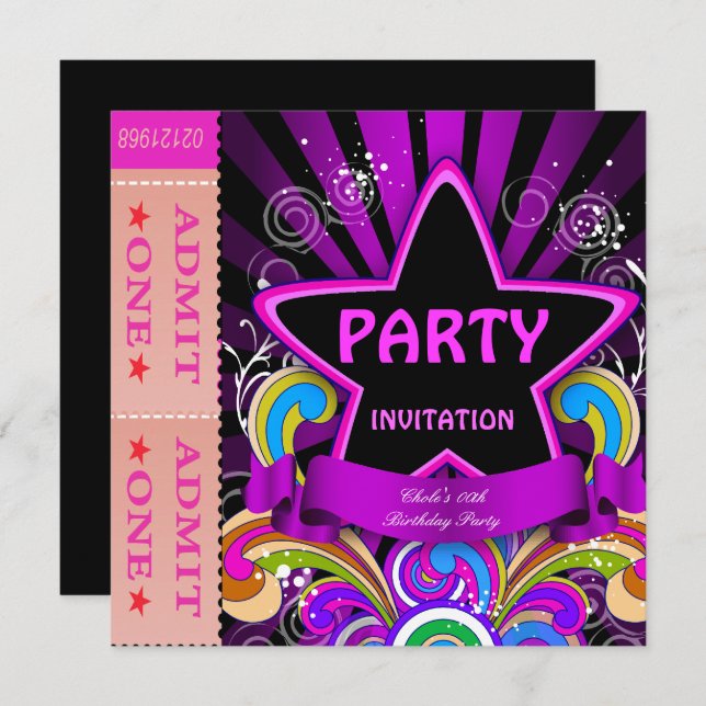Invitation Amusants Anniversaire Filles Hot Pink Billets 2 (Devant / Derrière)