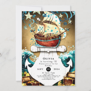 Invitation Amusants Aquarelle Trésor Pirate Anniversaire