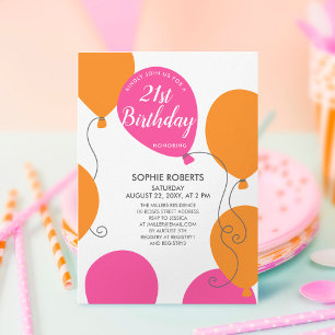 Invitation Amusants Balloons rose orange 21e anniversaire