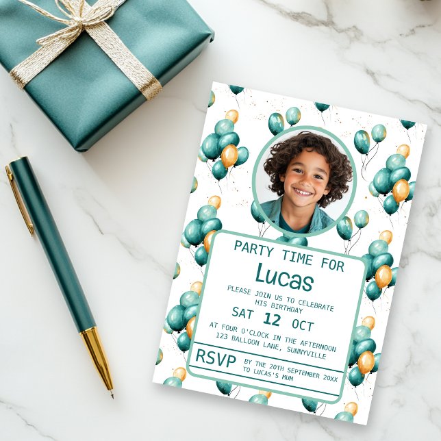 Invitation Amusants Balloons Turquoises Anniversaire (Teal balloons birthday invitation)