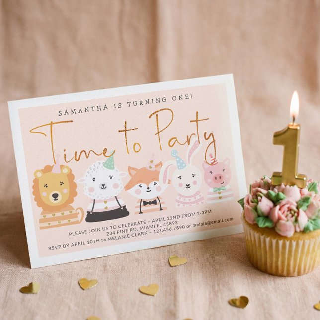 Invitation Amusants Bébé Fête Animaux Anniversaire (Cute Party Animals Baby First 1st Birthday Party Invitation)