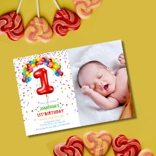Invitation Amusants Bright Confetti Balloons Photo 1er annive
