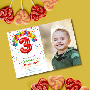 Invitation Amusants Bright Confetti Balloons Photo 3e anniver