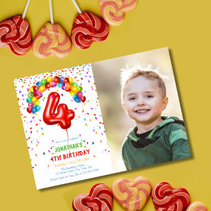 Invitation Amusants Bright Confetti Balloons Photo 4e anniver