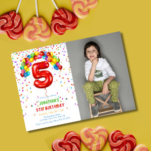 Invitation Amusants Bright Confetti Balloons Photo 5e anniver
