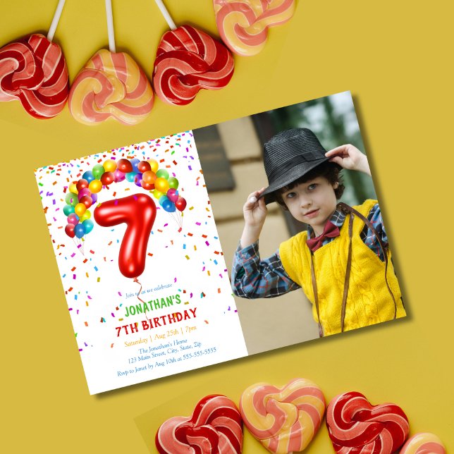 Invitation Amusants Bright Confetti Balloons Photo 7e anniver (Créateur téléchargé)