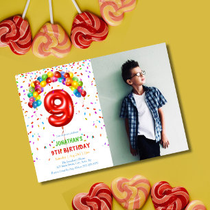 Invitation Amusants Bright Confetti Balloons Photo 9e anniver