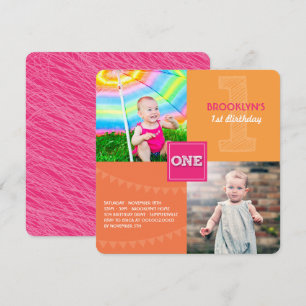 Invitation Amusants Carré moderne ONE Photo Baby Girl 1er ann