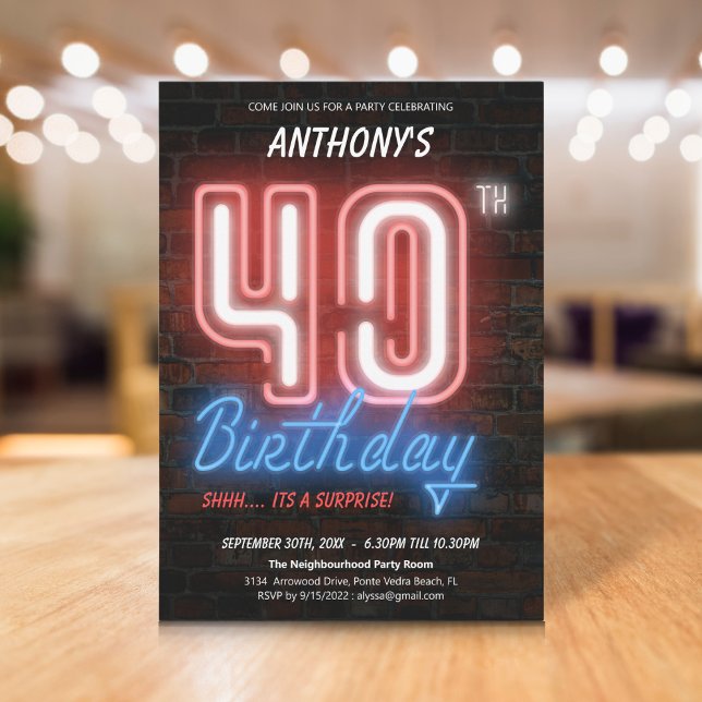 Invitation Amusants Neon Retro Surprise 40e anniversaire fête (Fun Neon Retro Surprise 40th Birthday Party Invitation
)