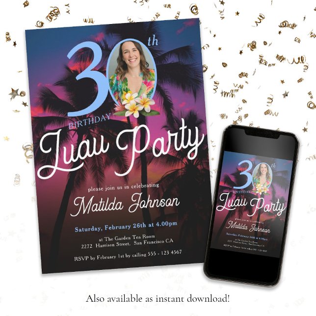 Invitation Amusants Photo personnalisée moderne Luau Party 30 (Fun 30th Birthday Luau Party Modern Custom Photo Invitation)