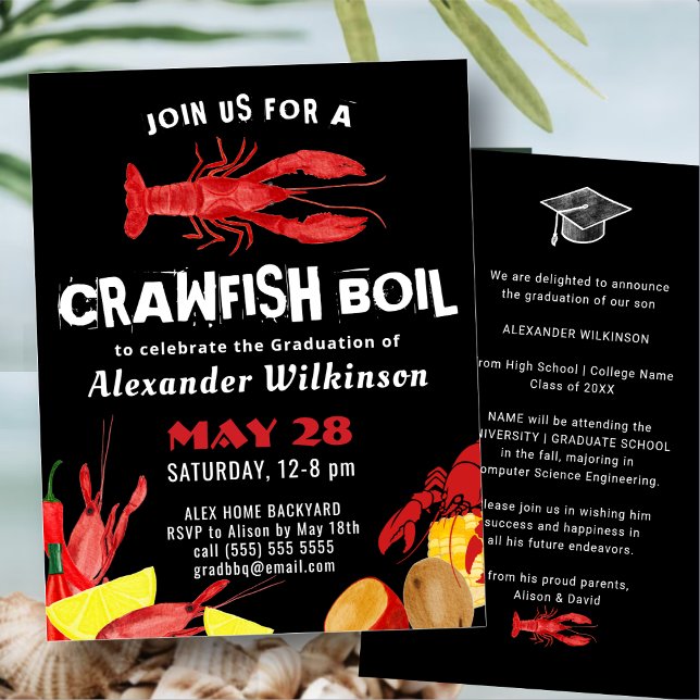 Invitation Amusants Red Black Crawfish Bouille Graduation BBQ (Créateur téléchargé)