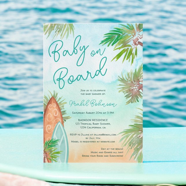 Invitation Amusants Tropical palmiers plage bébé à bord douch (Fun Tropical palm trees beach baby on board shower Invitation)