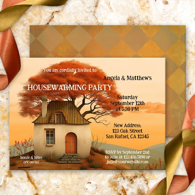 Invitation Amusants Whimsical Artistique Chauffage domestique (Fun housewarming party invitation featuring a modern art painting of a whimsical home with tree)
