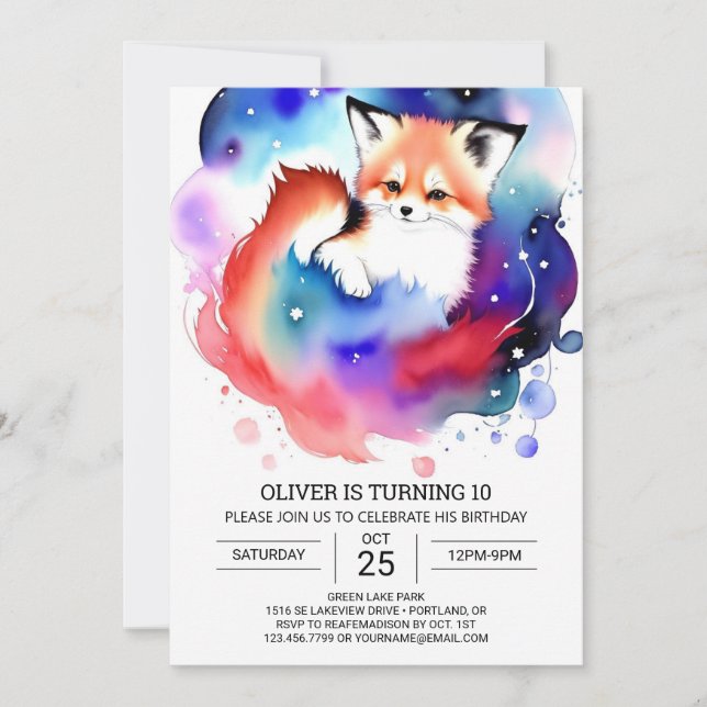 Invitation Amusement d'anniversaire avec des renards aquarell (Devant)