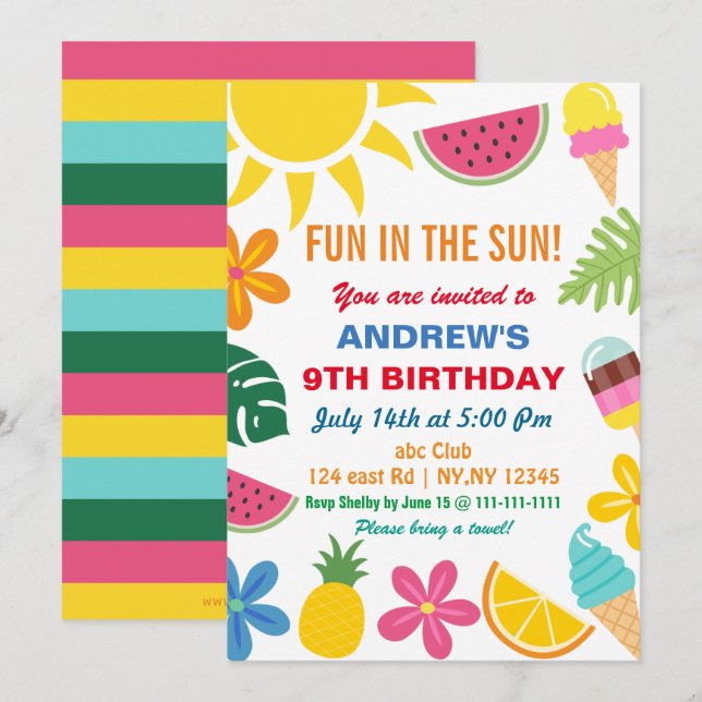 Invitation Amusement dans le soleil été Anniversaire Fête Inv (Devant / Derrière)