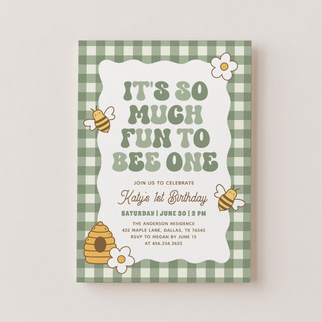 Invitation Amusement Gingham d'abeille pour le 1er anniversai (Créateur téléchargé)