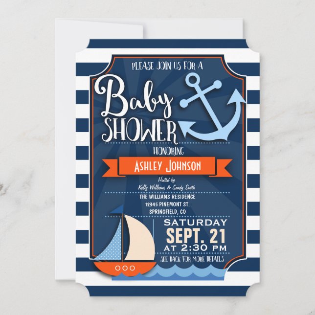 Invitation Amusement, Marine, Orange & Blanc Baby shower naut (Devant)