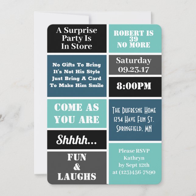 Invitation Amusement & Moderne Surprise Anniversaire (Devant)