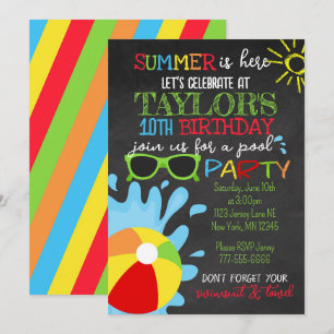 Invitation Amusement Summer Chalkboard Pool Party Anniversair