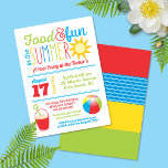 Invitation Amusez-vous au Sun Colorful Summer Pool Party<br><div class="desc">Cette décoration de fête estivale présente des couleurs vives primaires de rouge, bleu, jaune et vert accentué par les vagues, un soleil, un seau et une pelle de sable et une balle de plage. Cliquez sur le bouton personnaliser pour plus de flexibilité dans l'ajustement du texte ! Des variantes de...</div>