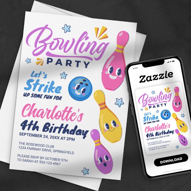 Invitation Amusons-nous ! Fête d'anniversaire de bowling (Créateur téléchargé)