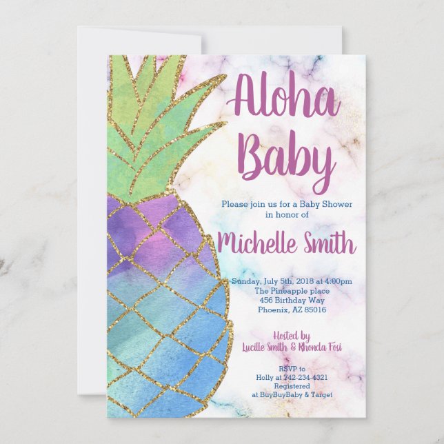 Invitation Ananas Aloha Parties scintillant Baby shower Tropi (Devant)