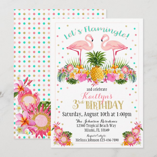 Invitation Ananas de Flamant rose et anniversaire floral (Devant / Derrière)