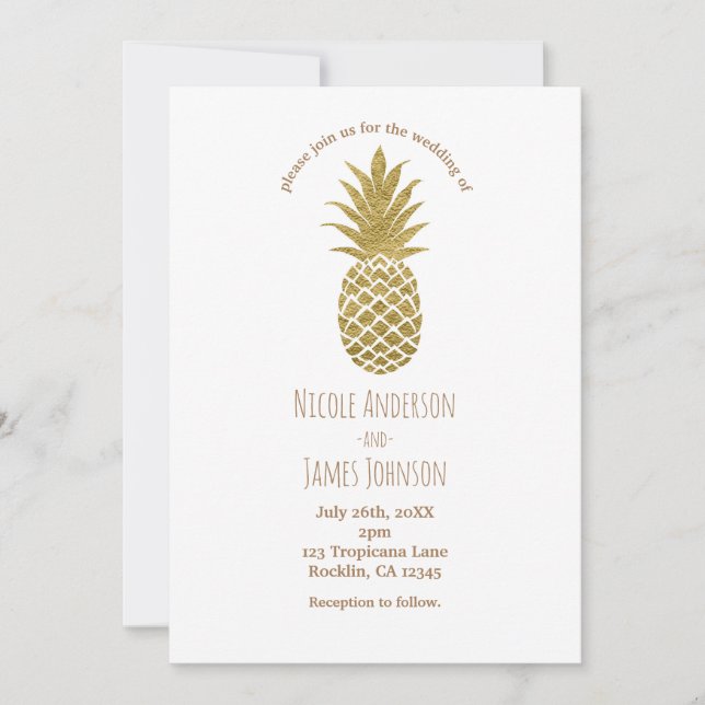 Invitation Ananas Doré Mariage Tropical Chic Moderne Blanc (Devant)