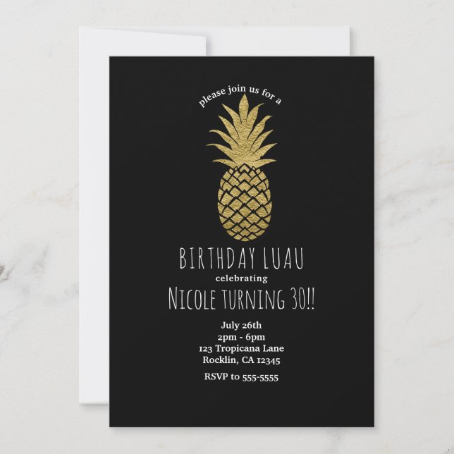 Invitation Ananas doré noir chic moderne tropical party (Devant)