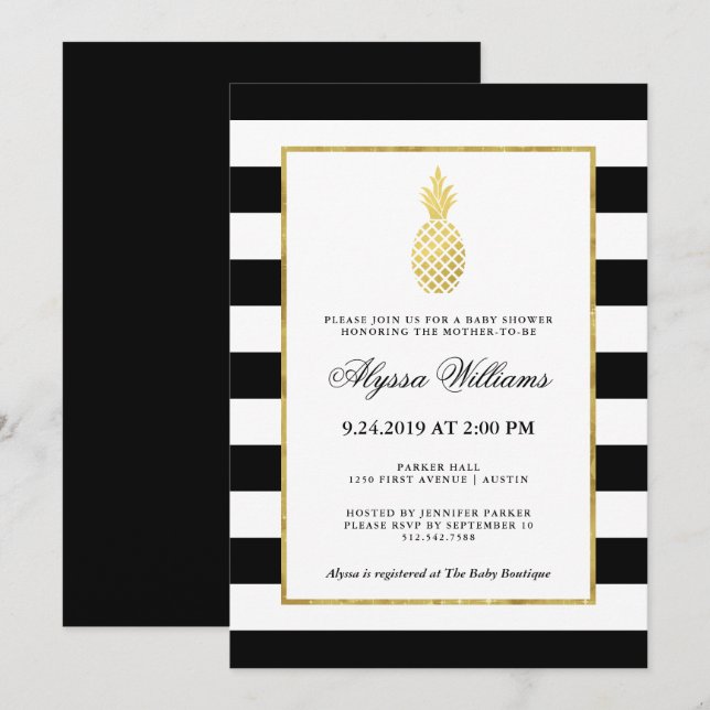 Invitation Ananas doré rayé Baby shower tropical (Devant / Derrière)