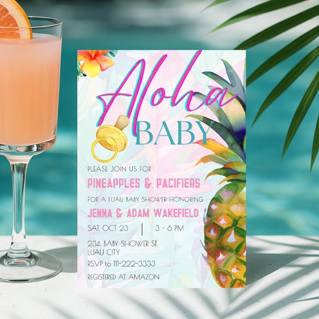 Invitation Ananas et Pacificateurs Fille Aloha Luau Baby show (Pineapples Pacifiers Girl Aloha Luau Baby Shower Invitation)