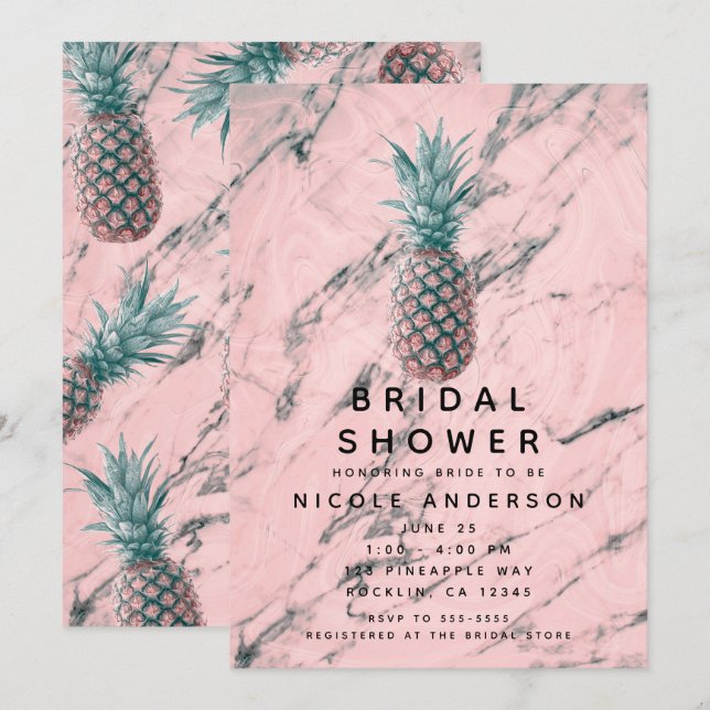 Invitation Ananas & Fête des mariées rose en marbre (Devant / Derrière)