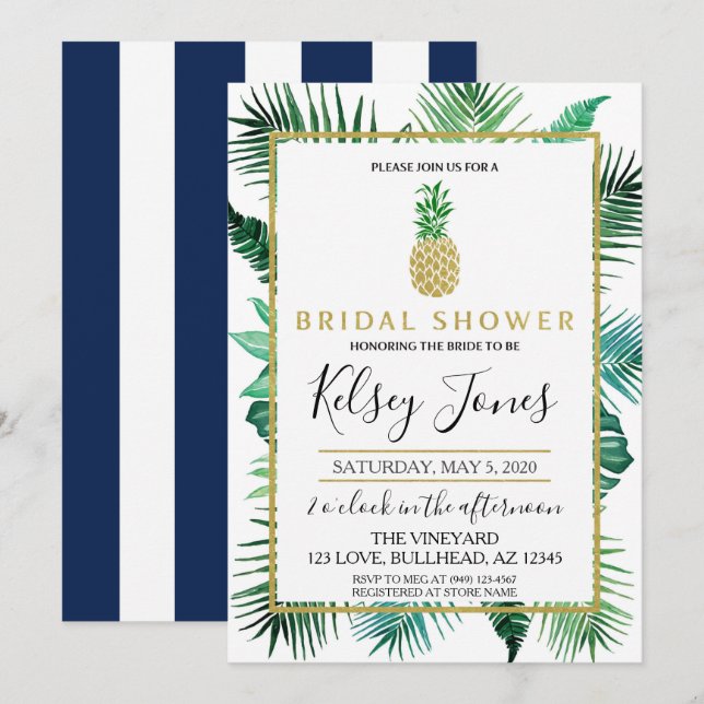 Invitation Ananas feuille tropicale rayure marine et blanche (Devant / Derrière)
