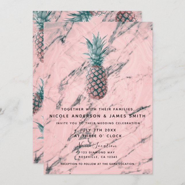 Invitation Ananas & marbre rose bracelet Mariage moderne chic (Devant / Derrière)